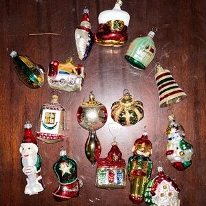 (15) Vintage Blown Glass Ornaments Birdhouse Boot Elf Santa